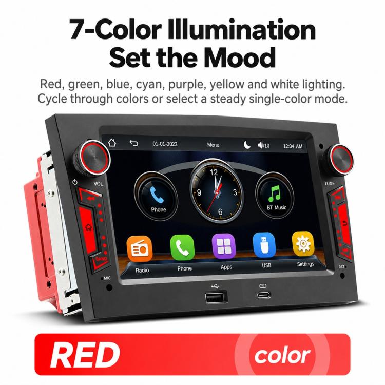 Car MP5 player with 7-color backlit buttons and touchscreen display