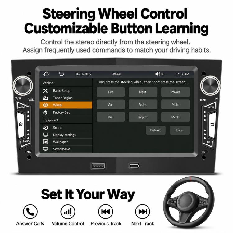 Car MP5 player with steering wheel control button learning display