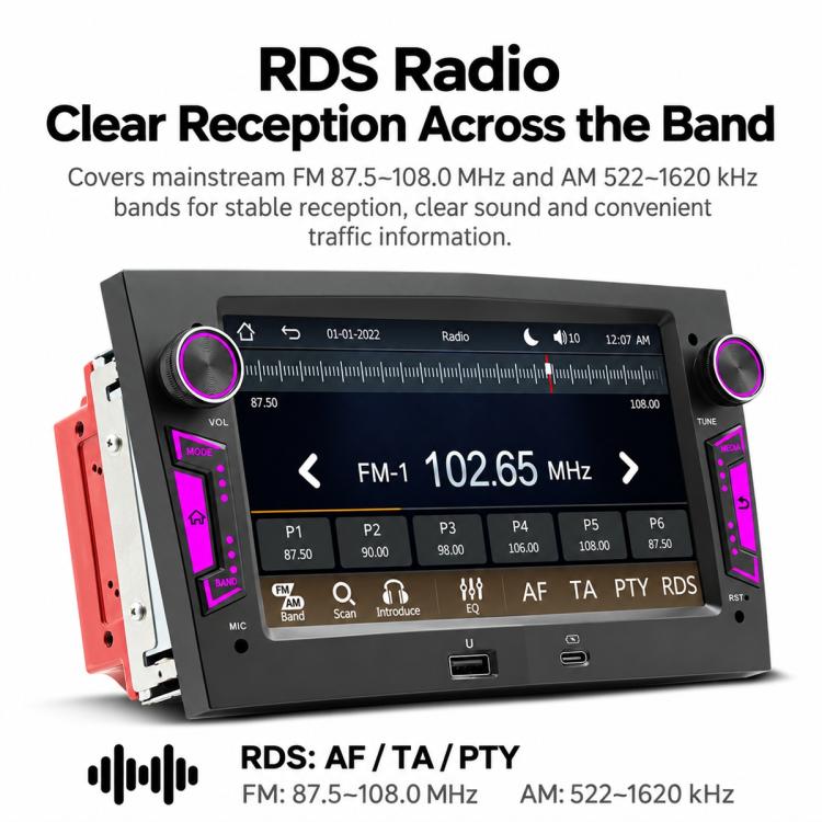 Car MP5 player touchscreen showing FM RDS radio tuning