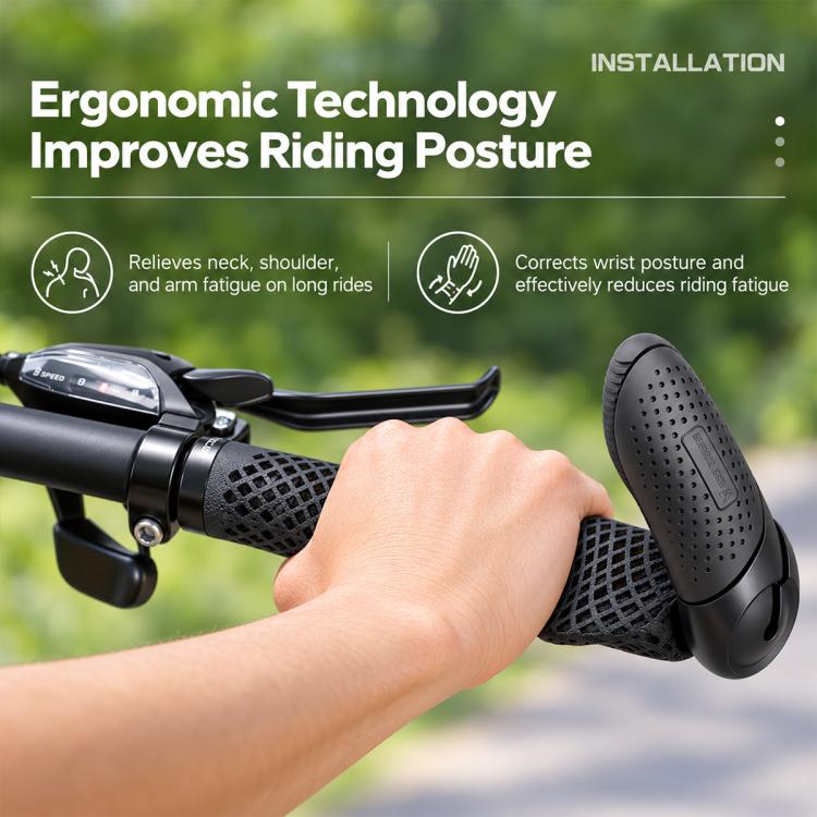 Black textured thumb rest grips on handlebar with ergonomic base ring