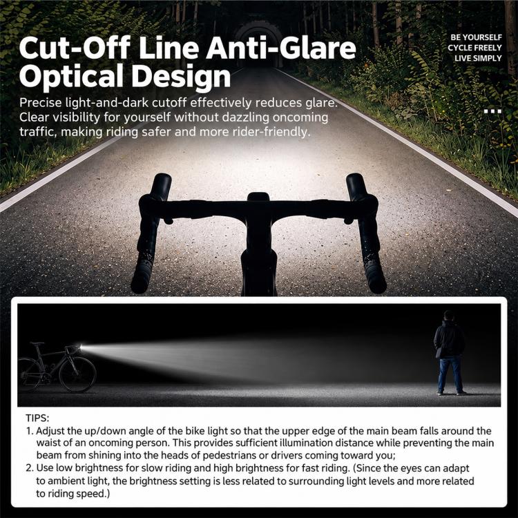 Black bike headlight with cut-off beam to reduce glare, mounted on handlebars.