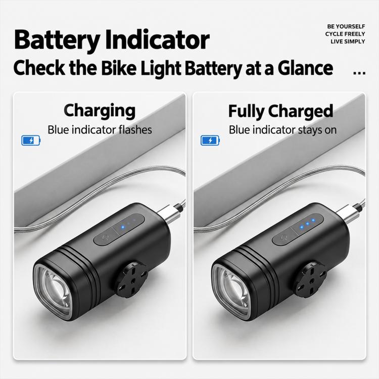Black rechargeable bike headlight with blue battery indicator and charging setup.