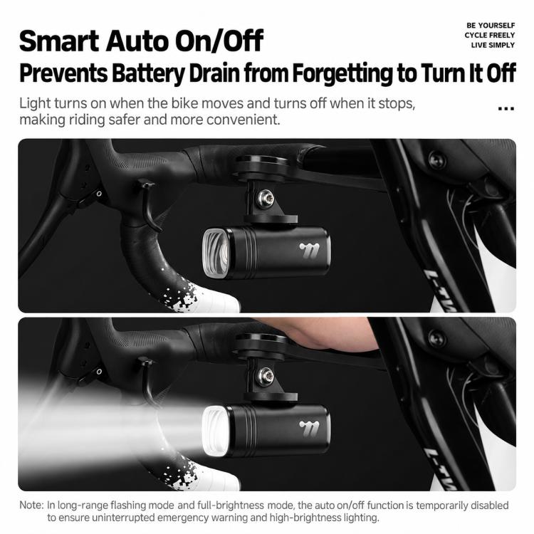 Black bike headlight with auto on/off behavior, shown on the bike front area.