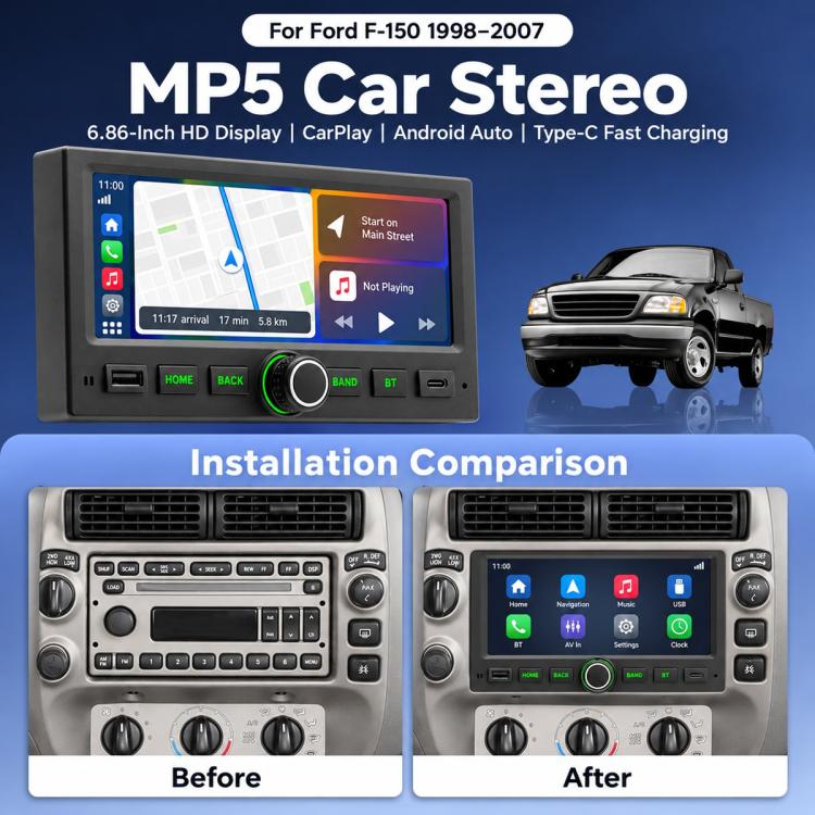 6.86-inch HD MP5 car stereo shown in dashboard, front view with screen