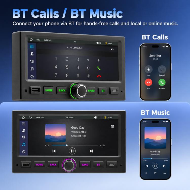 Car stereo with Bluetooth calls and music playback controls on screen