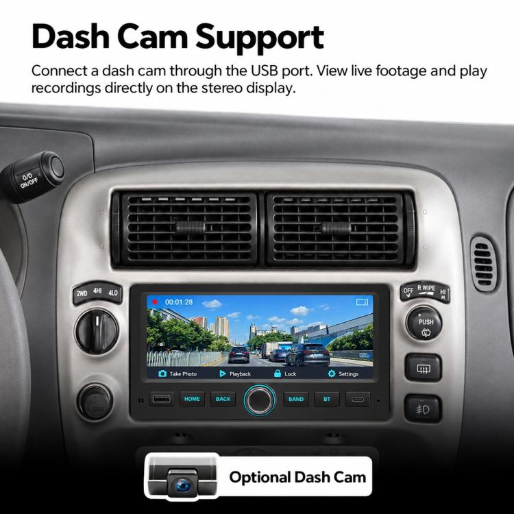 Car stereo touchscreen showing dash cam support preview