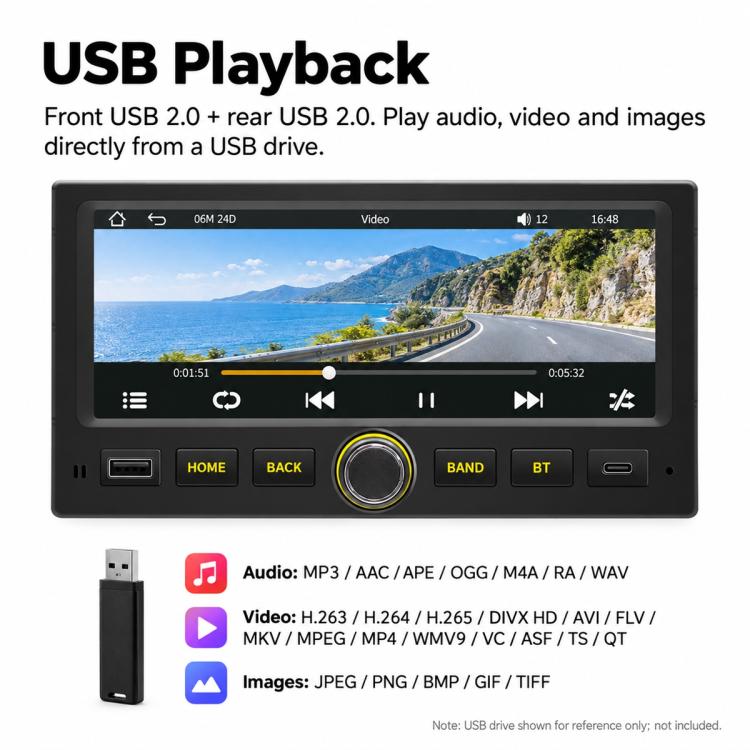 MP5 car stereo with USB playback video screen and front USB drive connection