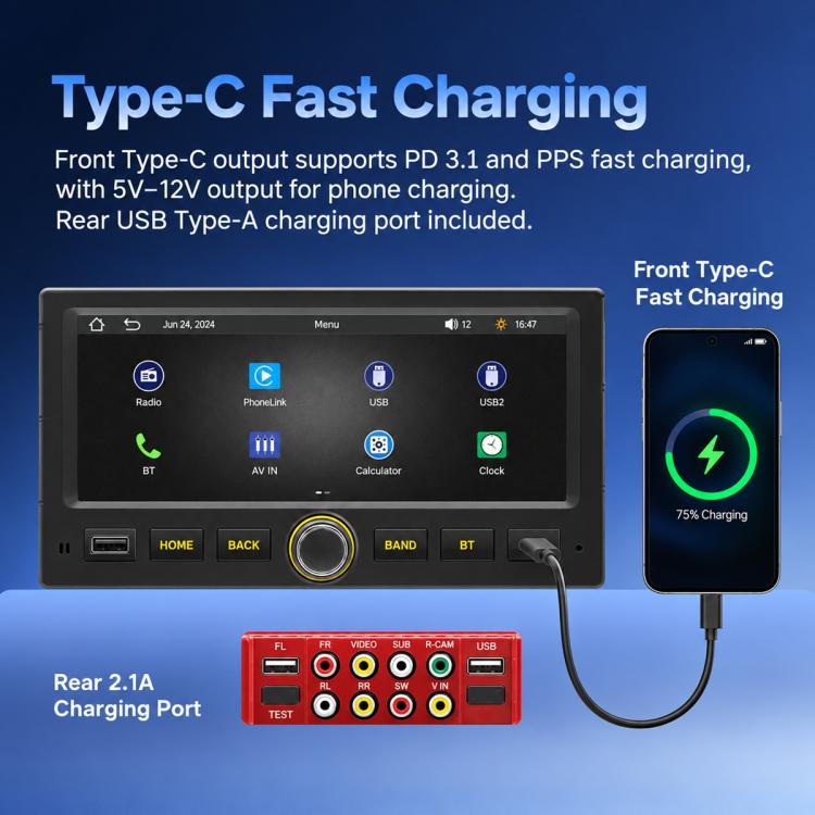 MP5 car stereo with Type-C fast charging port and charging indicator on screen