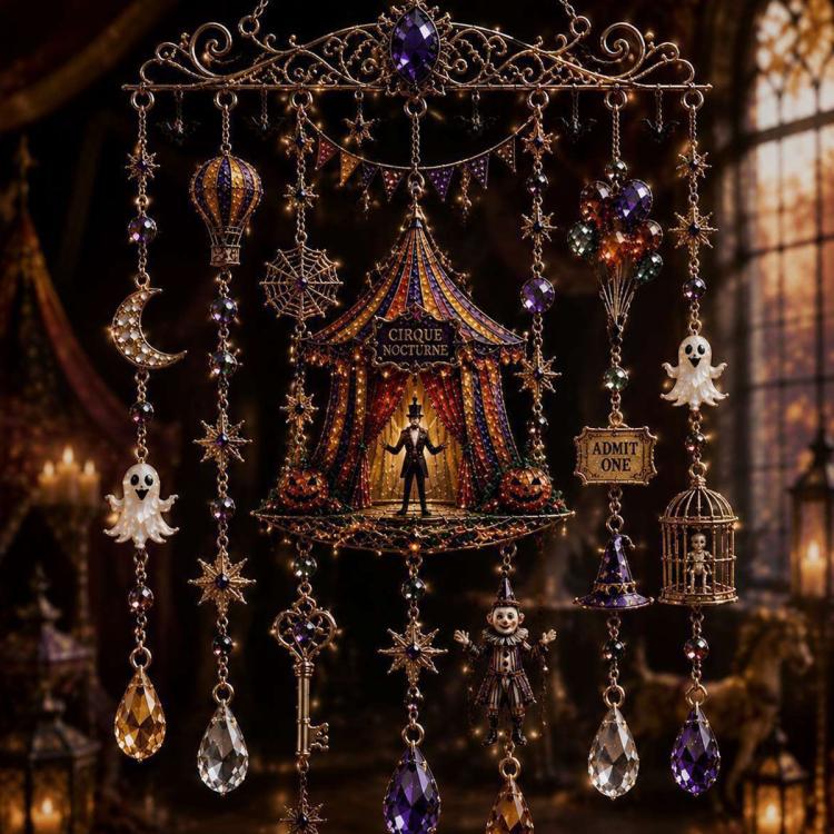 Halloween wind chime with hanging crescent, skull, crystal beads and stars
