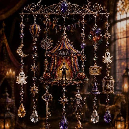Halloween wind chime with circus tent, skulls, and dangling purple crystal charms