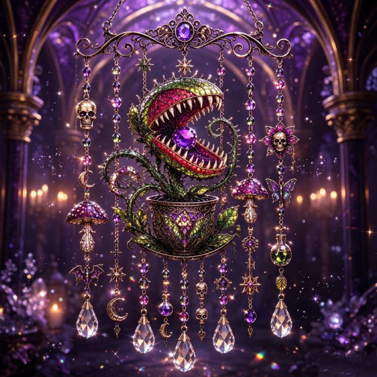 Halloween wind chime featuring large eye-and-mouth ornament with dangling crystal drops