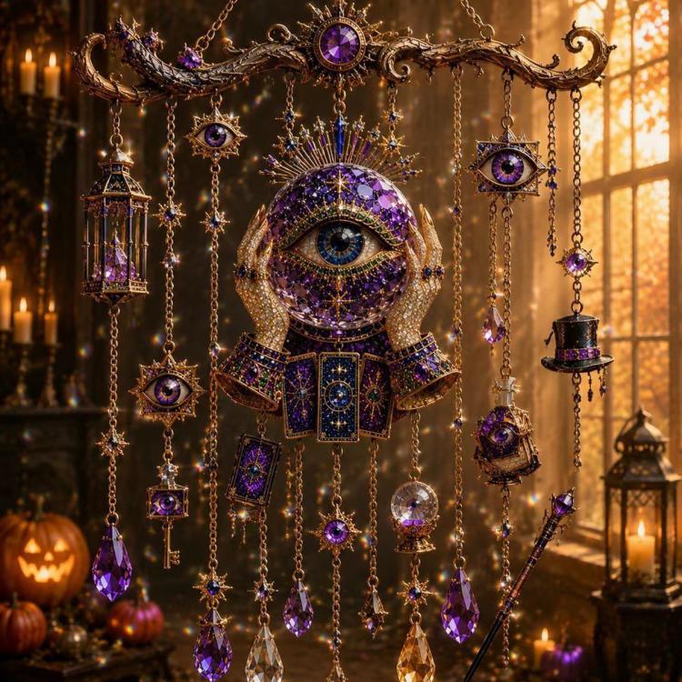 Halloween wind chime with ornate eye face charm and hanging purple crystal pendants