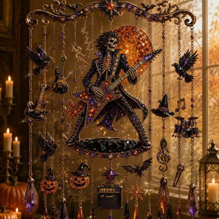 Halloween wind chime with skeleton guitarist charm and music-box style pendants