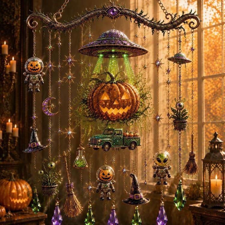 Halloween wind chime with pumpkin lantern cart charm and layered crystal drops