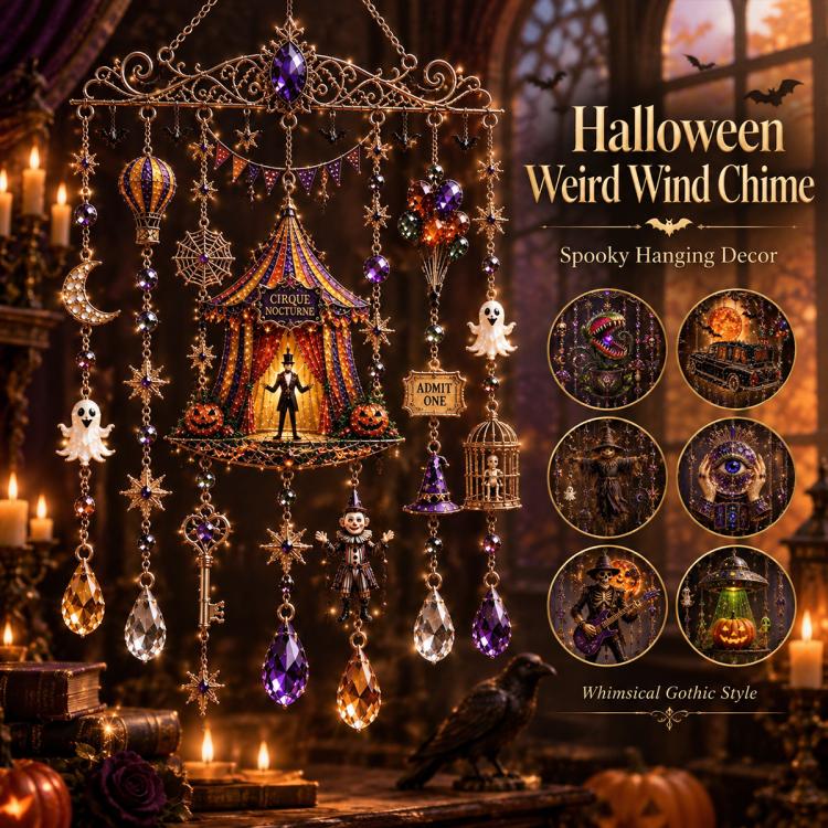 Halloween wind chime with carousel and ghost charms, hanging crystals and stars