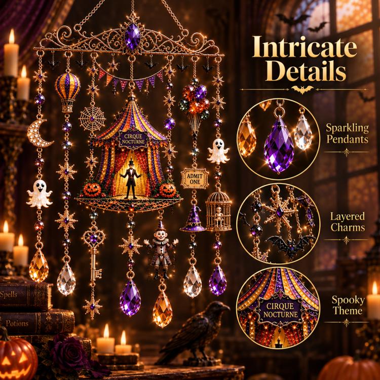 Halloween wind chime with sparkling purple crystal drops and layered charm strands