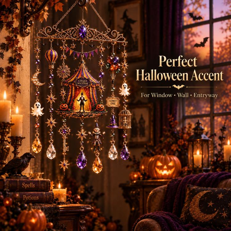 Halloween wind chime with hanging carousel centerpiece, crescent charms, and crystal drops