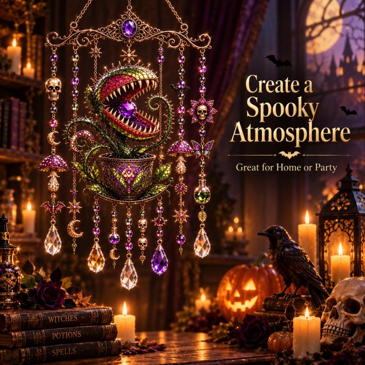 Decorative Halloween wind chime with skull charms, purple beads, and crystal drop ornaments