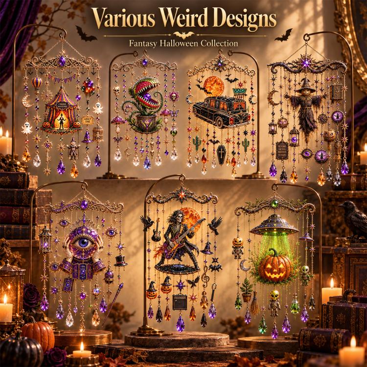 Set of Halloween wind chime designs with purple bead strands and crystal drops on display