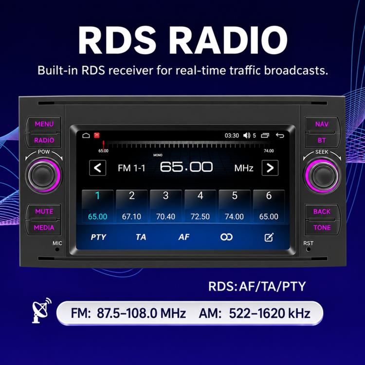 In-dash MP5 player with RDS radio tuner screen and FM frequency display