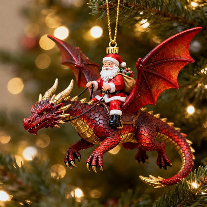 Red dragon rider Christmas ornament with Santa figure, hanging gold hook