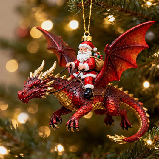 Red dragon rider Christmas ornament with Santa figure, hanging gold hook