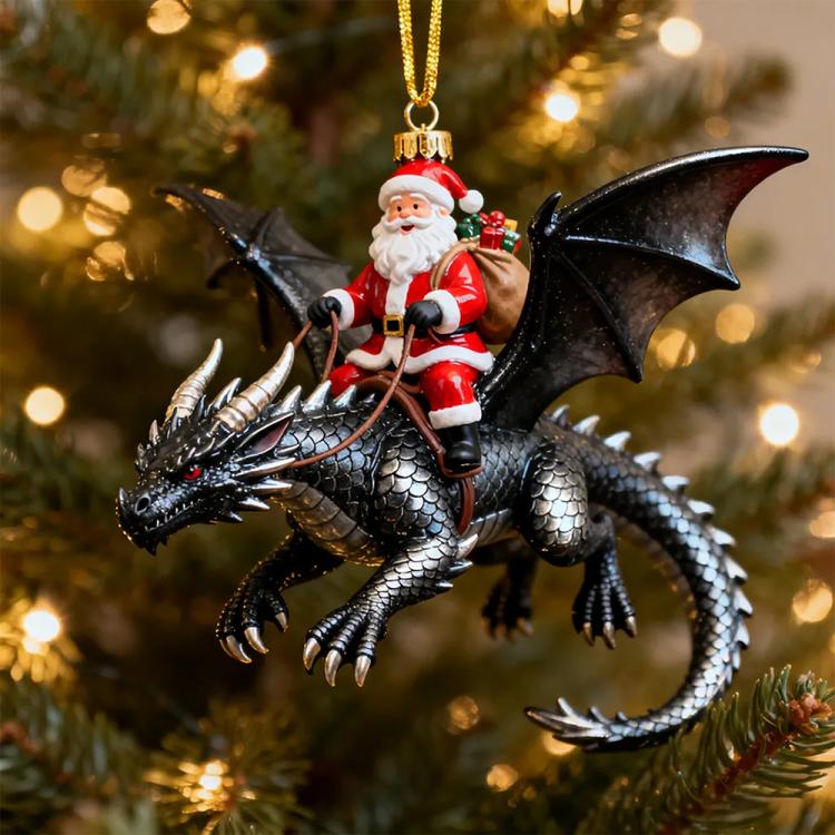 Black dragon rider Christmas ornament with Santa figure, hanging gold hook