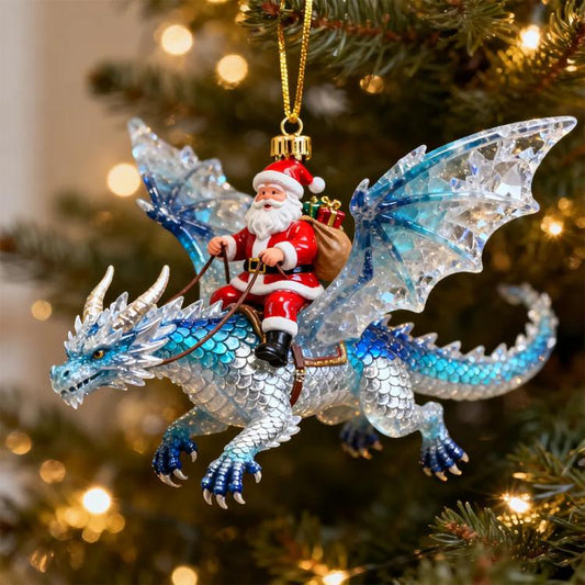 Blue dragon rider Christmas ornament with Santa figure, hanging gold hook