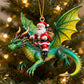 Green dragon rider Christmas ornament with Santa figure, hanging gold hook