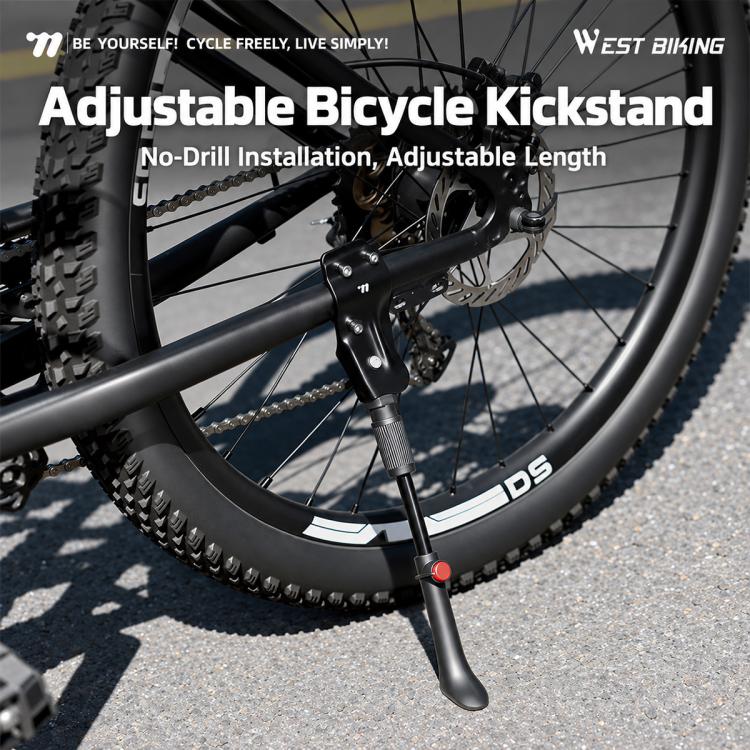 Adjustable bicycle kickstand, black support leg with red adjustment knob
