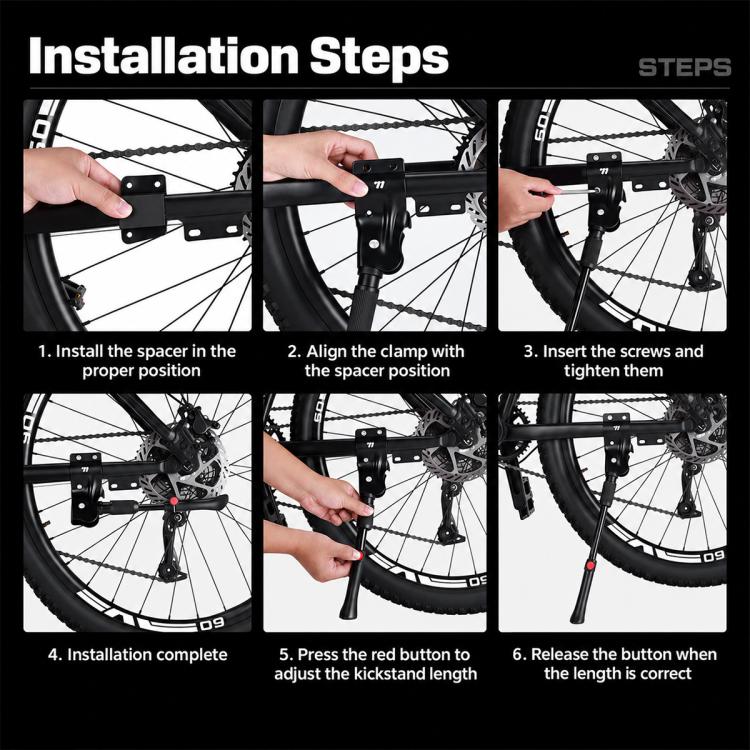 Portable bike kickstand bracket with red length adjust button and wheel clamp