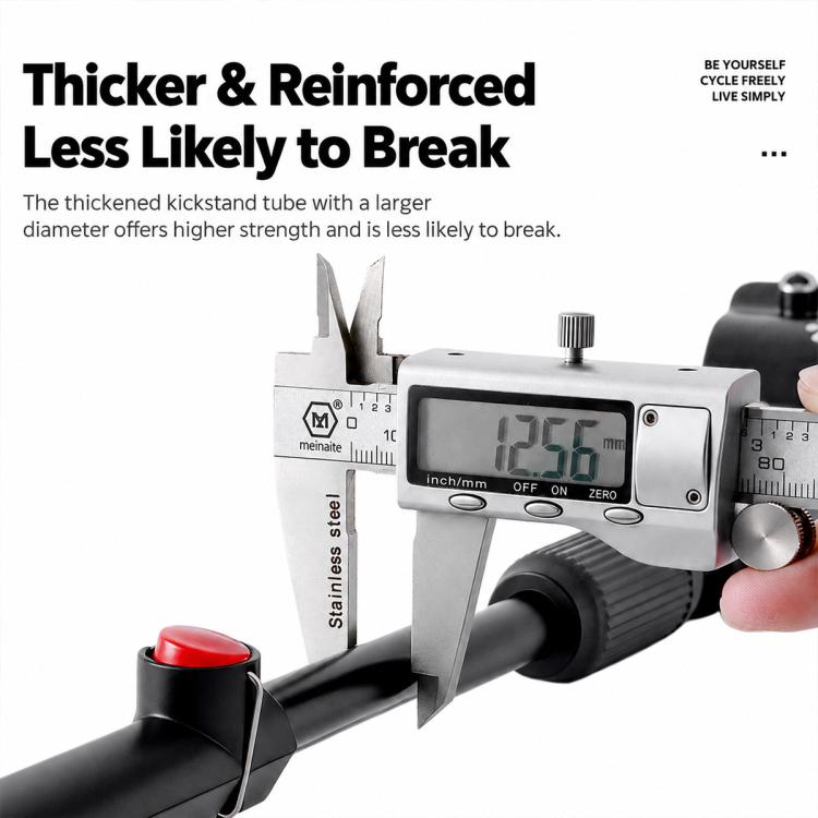 Reinforced kickstand clamp and leg, black metal with red top cap