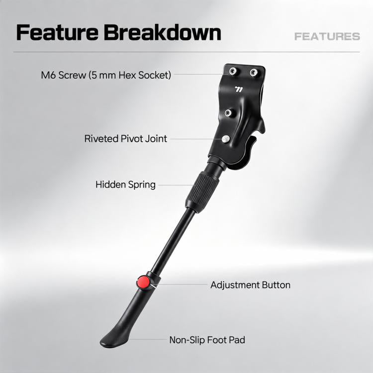 Black kickstand with adjustment button, non-slip foot pad, hinged pivot