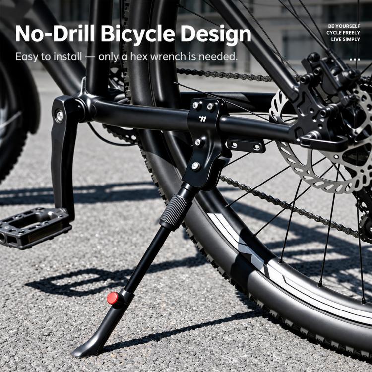 No-drill bicycle kickstand clamped to frame with black support leg