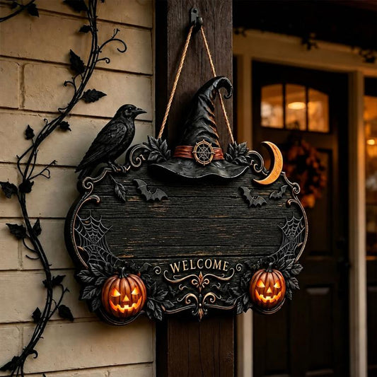 Halloween welcome door sign with black witch hat, crow, crescent moon, and “WELCOME” text