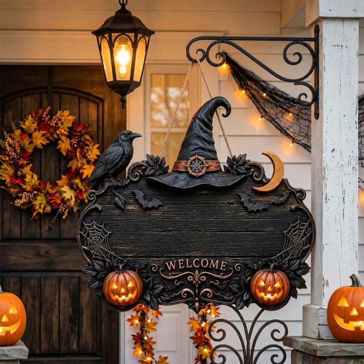 Halloween welcome door sign with hanging rope, witch hat, crescent moon, ravens, and jack-o’-lanterns