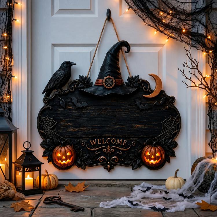 Hanging Halloween welcome door plaque with witch hat, crescent moon, ravens, and orange pumpkins