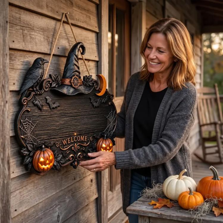 Halloween welcome wooden door sign with witch hat, raven details, crescent moon, and pumpkin faces