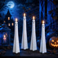 Ghost-shaped LED flameless candles, white plastic with black round eyes and grins (set).