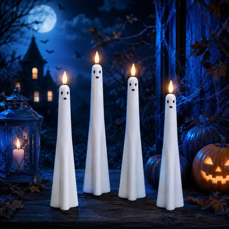 Ghost-shaped LED flameless candles, white plastic with black round eyes and grins (set).