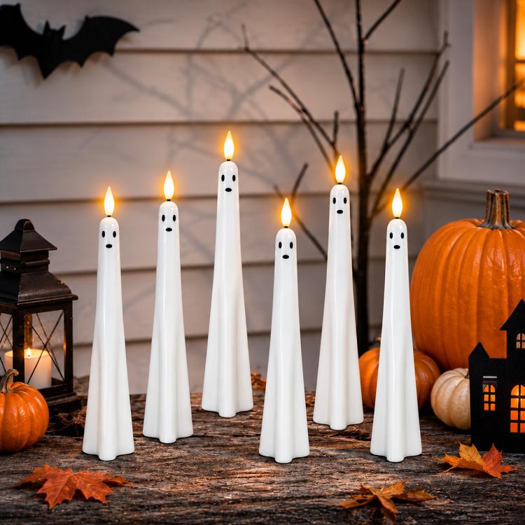 Ghost-shaped LED flameless candles, white plastic with different black mouth expressions (set).