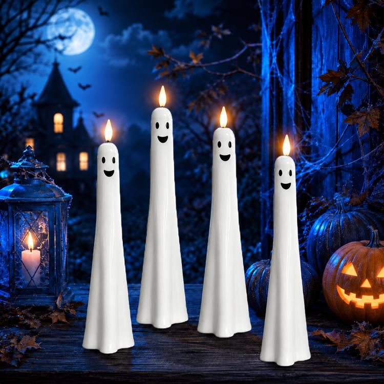Ghost-shaped LED flameless candles, white plastic with friendly ghost smiles (set).