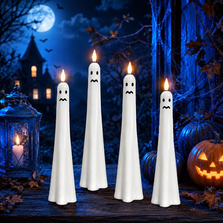 Ghost-shaped LED flameless candles, white plastic with frown and neutral black facial features (set).