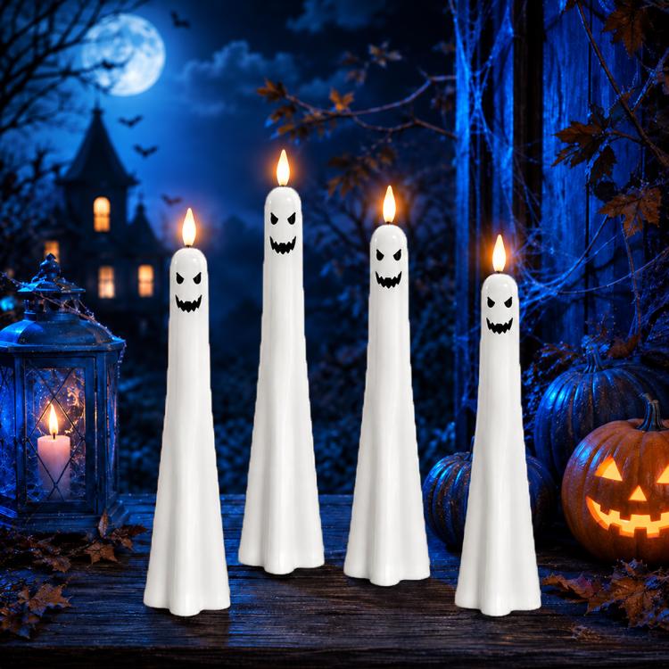 Ghost-shaped LED flameless candles, white plastic with jack-o-lantern-style ghost smiles (set).