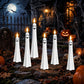 Ghost-shaped LED flameless candles, white plastic with black grins and round eyes (set).