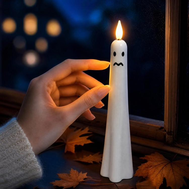 Hand holding a white ghost-shaped LED flameless candle with black mouth and eyes