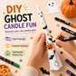 DIY ghost-shaped LED flameless candle being decorated with markers; white body, black face
