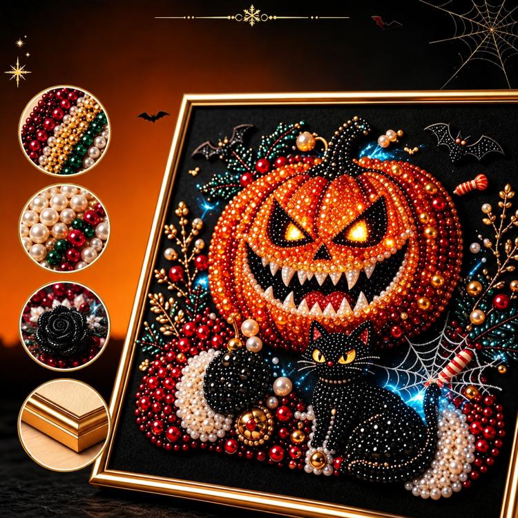 Framed diamond painting kit of orange jack-o'-lantern with black cat pearl accents