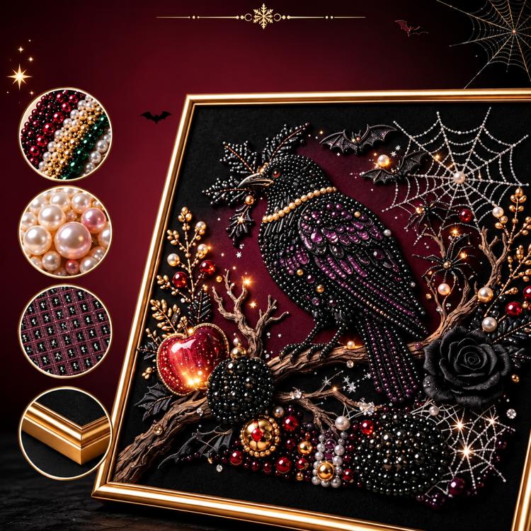 Framed diamond painting kit with dark raven, bats, and red berry rose accents