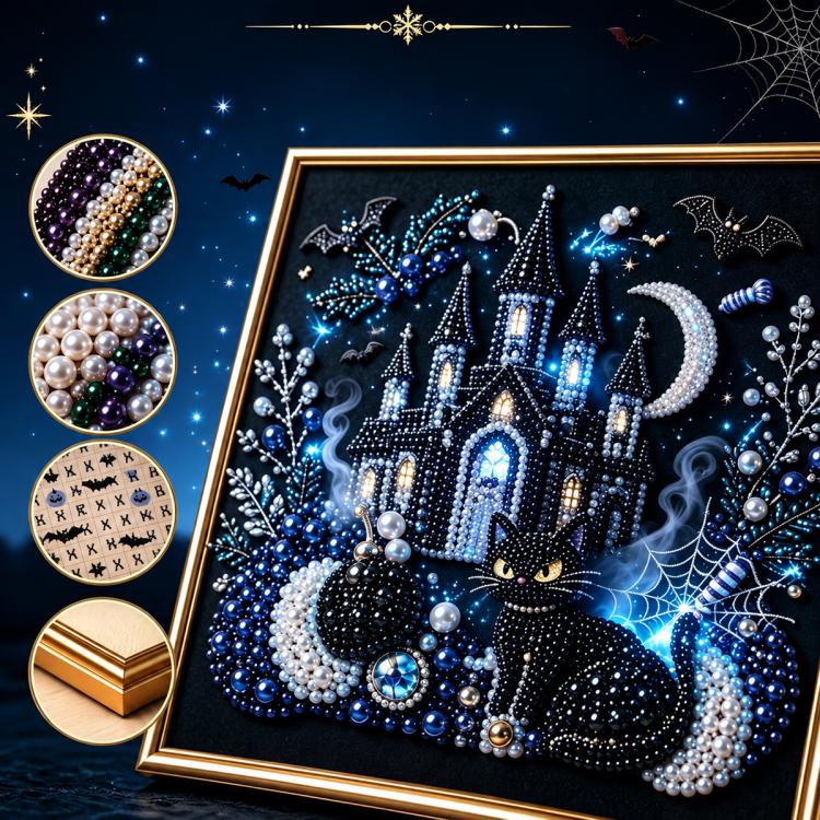 Framed diamond painting kit with blue haunted castle, crescent moon, and black cat